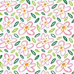 Brush drawn multi colored daisy flowers seamless pattern. Naive or primitive style of chamomiles, children colorful drawing. Simple flowers with leaves. Primitive peonies vector silhouettes.