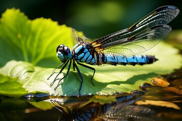 Azure Dragonfly Resting on a Lily Pad in a Pond. Generative AI