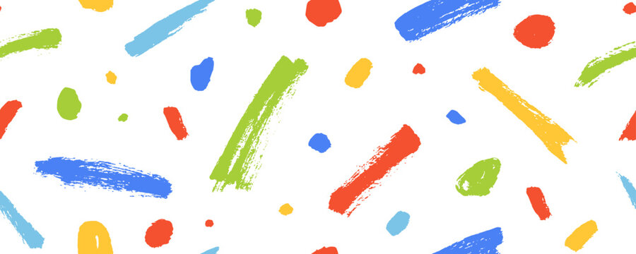 Multi colored fun doodle lines and dots seamless pattern. Creative minimalist style childish banner background. Straight short brush strokes and dots ornament. Vector festive celebration simple design