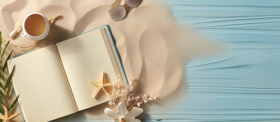 A book for writing with a summer beach theme and accessories, with space to write. Flat lay