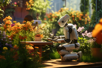 Humanoid robot doing gardening work