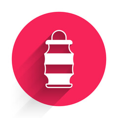 White Chinese paper lantern icon isolated with long shadow background. Red circle button. Vector