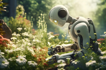 Humanoid robot doing gardening work