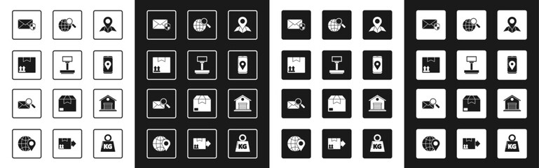 Set Placeholder on map paper, Scale, Cardboard box with traffic symbol, Envelope shield, Mobile app delivery tracking, Magnifying glass globe, Warehouse and magnifying icon. Vector