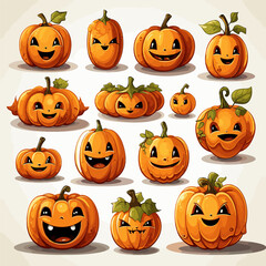 set of cute pumpkins with faces and various expressions, isolated on white background, halloween, icon, sticker