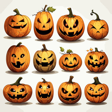 set of cute pumpkins with faces and various expressions, isolated on white background, halloween, icon, sticker