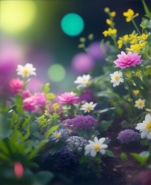 bouget of beautiful and colorful flowers in garden with sun rays portrait 
