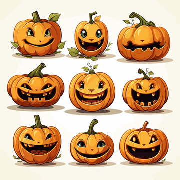 set of cute pumpkins with faces and various expressions, isolated on white background, halloween, icon, sticker