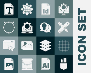 Set Crossed ruler and pencil, Grid graph paper, ID File document, Laptop gear, Circle with Bezier curve, Text file and Light bulb concept of idea icon. Vector