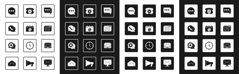 Set Speech bubble chat, Calendar with email, Telephone speech, Website and envelope, Laptop and icon. Vector