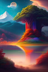 Fantasy landscape Artwork Mountains River Tree