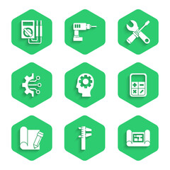 Set Human head with gear inside, Calliper or caliper and scale, House plan, Calculator, Graphing paper pencil, Algorithm, Screwdriver wrench spanner and Multimeter icon. Vector
