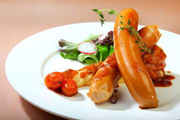 delicious grilled chicken beef giant big sausage and vegetable salad in white plate on brown background premium western cafe halal food menu for restaurant
