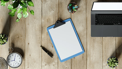 Fototapeta na wymiar empty clipboard for write something, checklist, note. 3d rendering mockup top view on wooden background with penholder, laptop, plant and watch