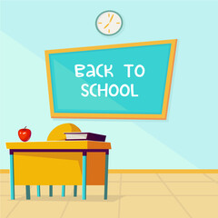 Back to school vector flat illustration with classroom, desk and table 