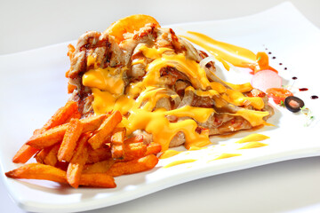 delicious grilled fresh chicken chop meat w cheese creamy sauce and mushroom salad vegetable in white plate on brown background premium western cafe halal food menu for restaurant