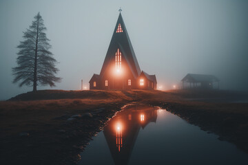 Professional landscape photography in the mystical fog landscape with a church. AI generative