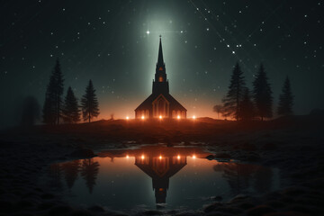 Professional landscape photography in the mystical fog landscape with a church. AI generative