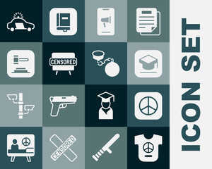 Set Peace, Graduation cap, Protest, Censored stamp, Judge gavel, Police car and flasher and Ball chain icon. Vector