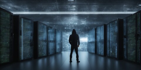 Hacker in a server room. Generated with AI