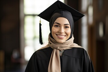 Muslim Hijabi during graduation ceremony of University, graduation gown and hat, Women in STEM feminism - obrazy, fototapety, plakaty