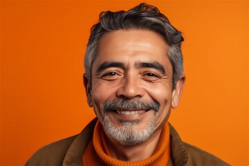  latin mature adult man smiling on an orange background