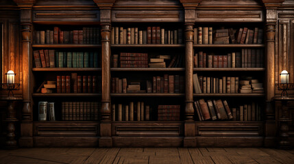 biblioteca antiga com estante de madeira  - obrazy, fototapety, plakaty