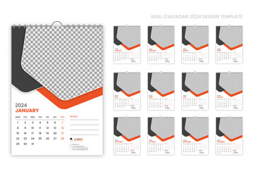 Simple and minimal wall calendar 2024 template design, 2024 planner, corporate creative calendar 2024 week starting from Monday, set of 6 calendars, printing, advertising, stationery, company office