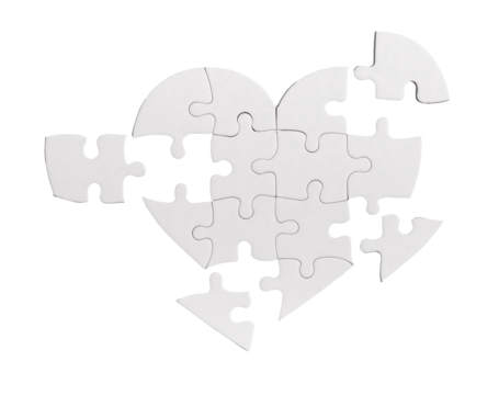 Broken heart puzzle with missing pieces isolated on white background