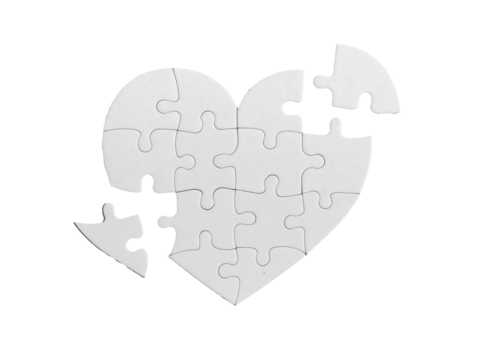 Heart puzzle with missing lacking separated pieces isolated on white background