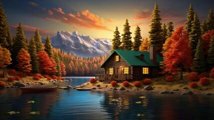 Fototapeta premium wooden cabin nestled amidst a colorful forest 