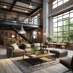 Fototapeta na wymiar home interior design concept loft interior decorative style living room with double space daylight big window and rustic texture industrial material finish home beautiful,ai generate