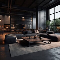 home interior design concept loft interior decorative style living room with double space daylight big window and rustic texture industrial material finish home beautiful,ai generate