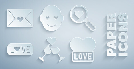 Set Glass of champagne, Search heart and love, Love text, Heart, Romantic man and Envelope with Valentine icon. Vector