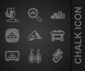 Set Gold mine, Earrings, bars, Mine cart with gold, Safe, coin and Molten being poured icon. Vector