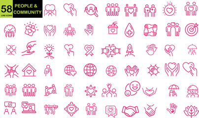 A set of community and people icons in different styles and colors, ideal for web design, mobile apps, or print media. The icons include diverse faces, hands, hearts, and more.

