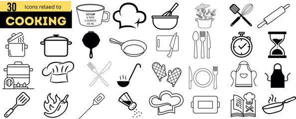 A set of 30 cooking icons in various styles and colors. The icons include pots, pans, knives, spoons, and more.

 - obrazy, fototapety, plakaty