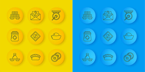 Set line Dumpling on cutting board, Jar of honey, Yin Yang, Chinese Yuan currency, Sushi, Gong and and envelope icon. Vector