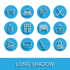 Set line Skates, Hockey puck, table, Ice hockey stick, judge, referee, arbiter, Crutch or crutches, coach and goal icon. Vector