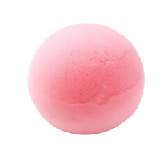 A pink mochi ice cream on a white backround.