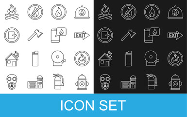 Set line Fire hydrant, flame, exit, Firefighter axe, Campfire and Phone with emergency call 911 icon. Vector