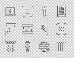 Set line Password protection, Garden fence wooden, Key, Car key with remote, Laptop and lock, Bricks, Social network and Eye scan icon. Vector