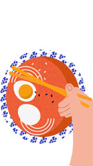Hand drawing, food illustration. Hand holding a chopstick and enjoying food at restaurant. Ideal design for print, card, restaurant, cafe, background for flyer, banner..