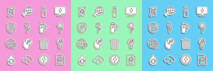 Set line Paper with recycle, Light bulb leaf, Leaf plant in gear machine, Bottle of water, Electric saving plug, Shield, Recycle bin and Recycling plastic bottle icon. Vector