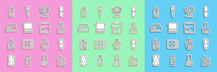 Set line Bottle of shampoo and sponge, Hand mirror, Nail polish bottle, Round makeup, Towel hanger, Cream lotion cosmetic tube, and icon. Vector