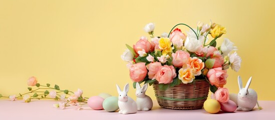 Fototapeta na wymiar Easter is a joyful holiday that includes Easter eggs, rabbits, and a green basket on a pink