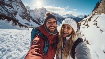 Fototapeta na wymiar Young happy couple taking selfie in winter snow