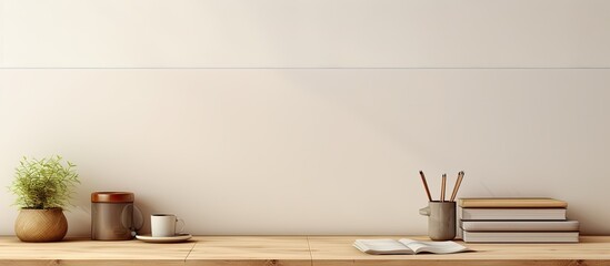 Front view workspace and copy space with a wooden desk table, supplies, and a coffee mug.