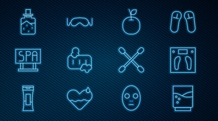 Set line Glass with water, Bathroom scales, Apple, Bar of soap foam, Spa salon signboard, salt, Cotton swab for ears and Eye sleep mask icon. Vector