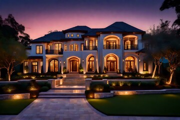 Fototapeta na wymiar In the enchanting twilight, the exterior of a new luxury home stands as a testament to refined elegance